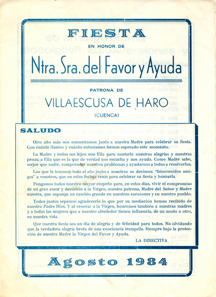 Fiestas patronales en honor a Nuestra Señora de Favor y Ayuda y el Santísimo Cristo de la Expiración 1984 Villaescusa de Haro